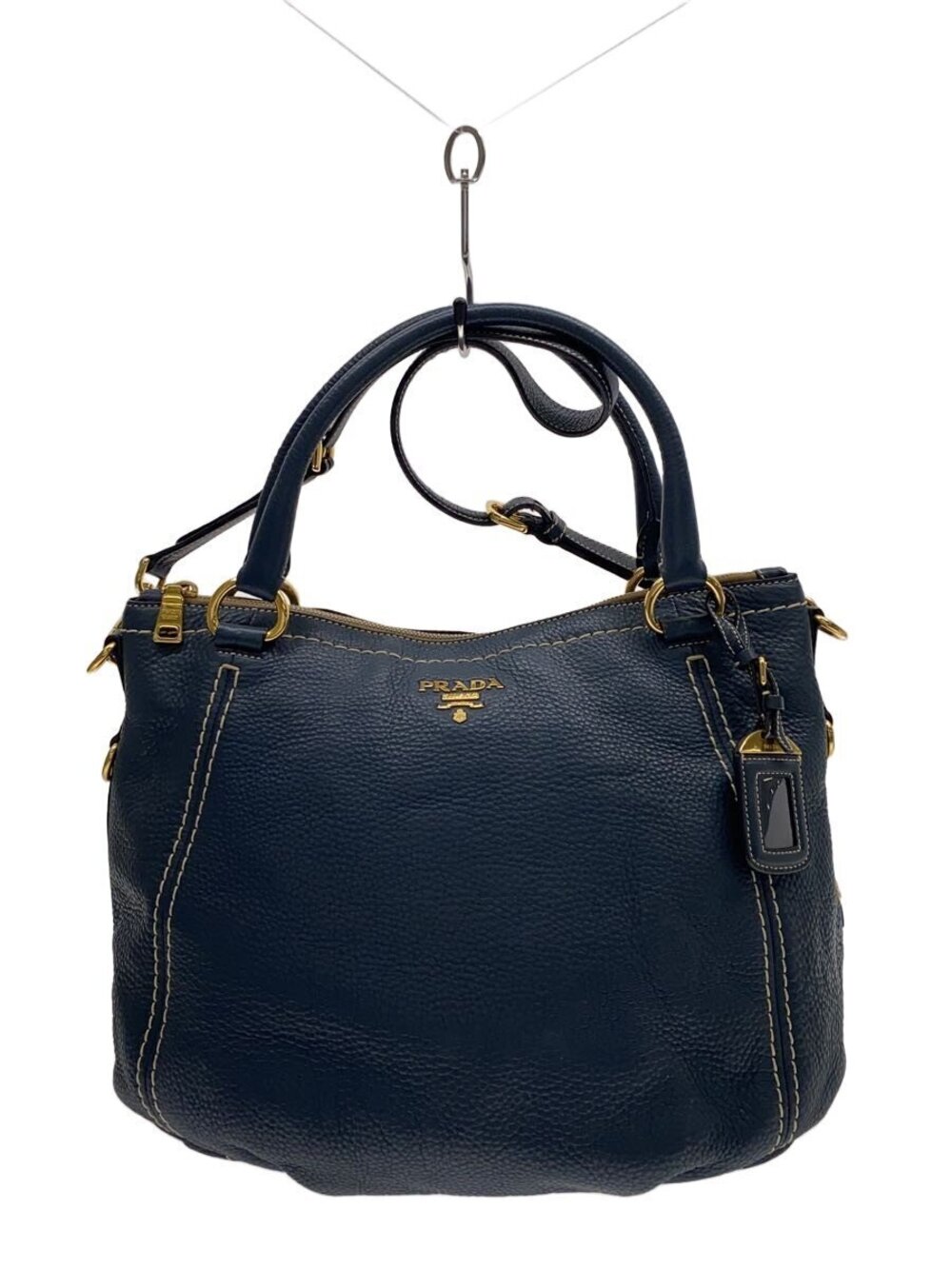 Prada Shoulder Bag Handbag Leather Navy Blue Solid